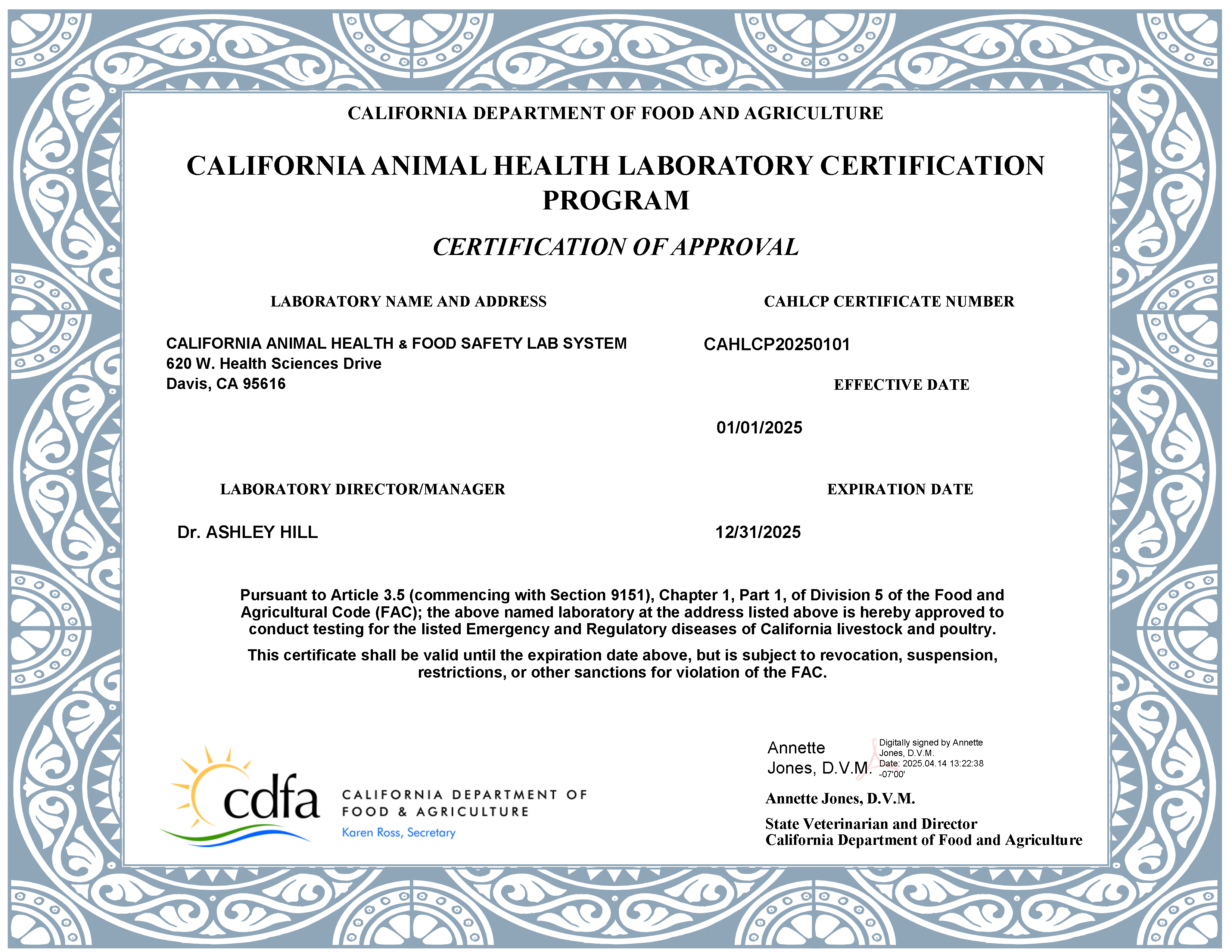CDFA Lab Certificate - CAHFS Davis