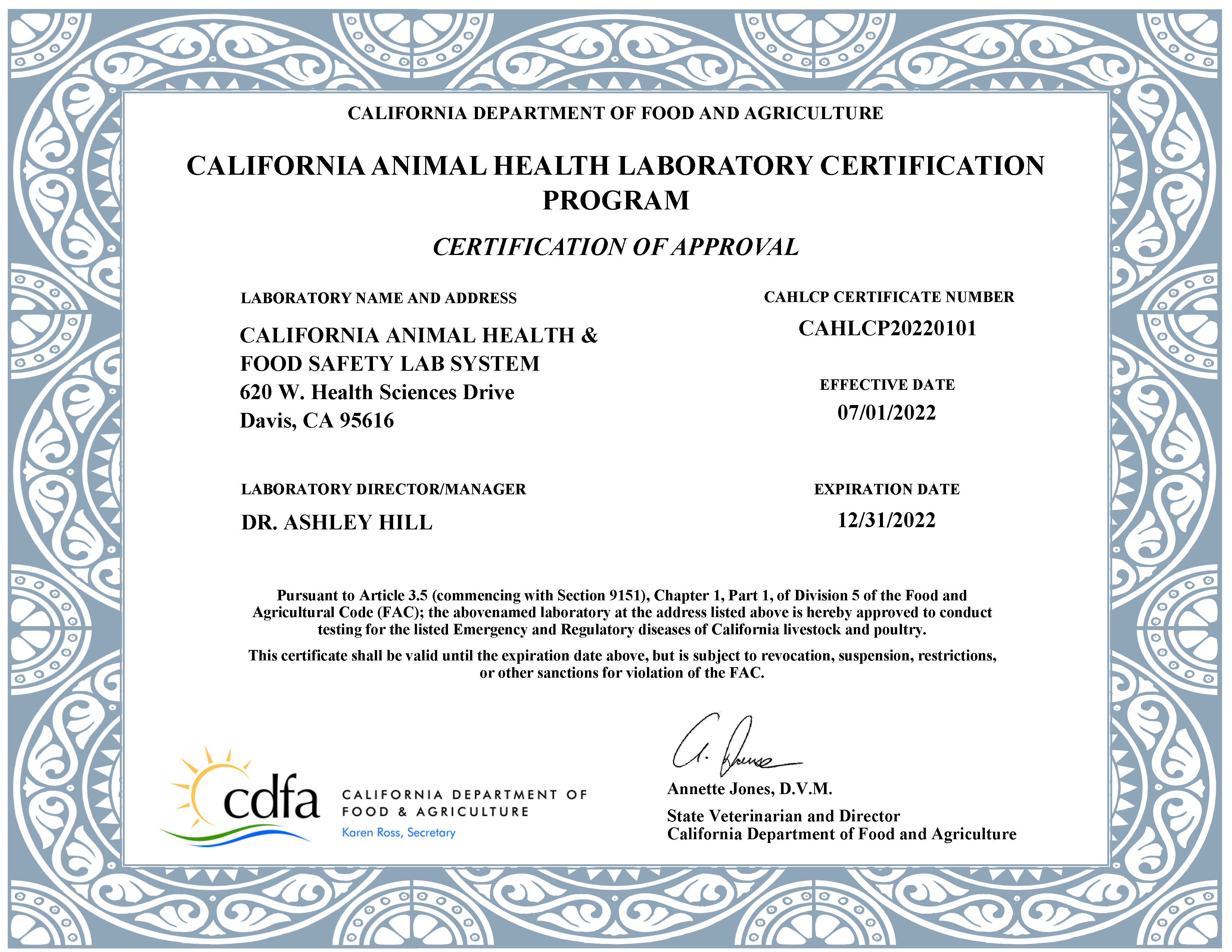 Lab Certificate - CAHFS (Davis)