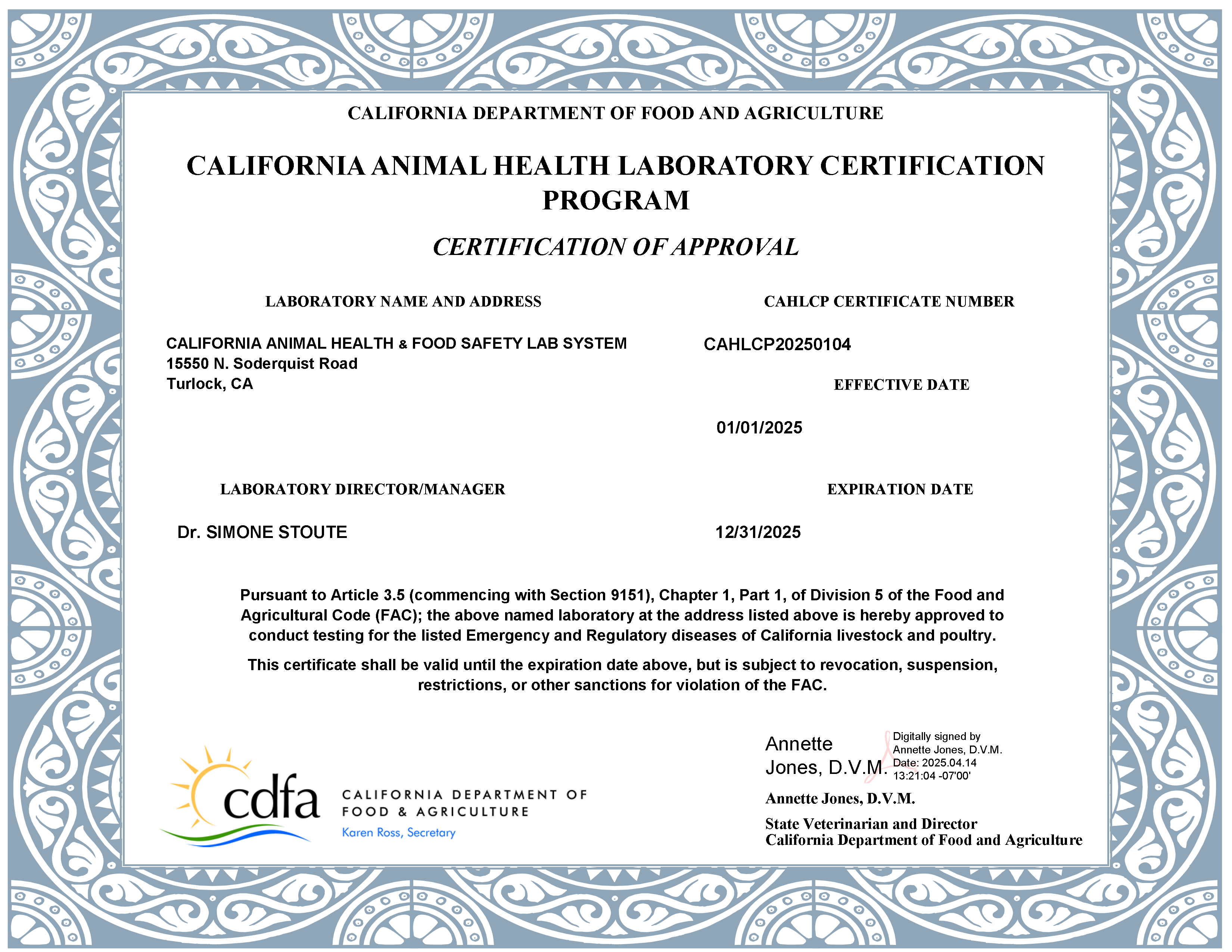 CDFA Lab Certificate - CAHFS Turlock