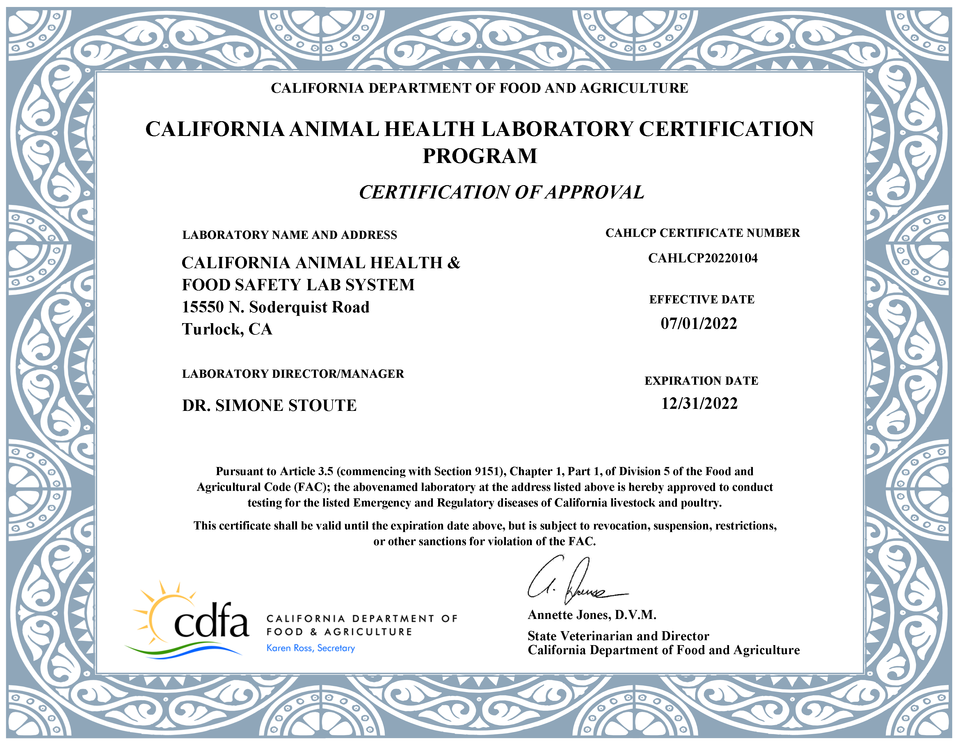 Lab Certificate - CAHFS (Turlock)