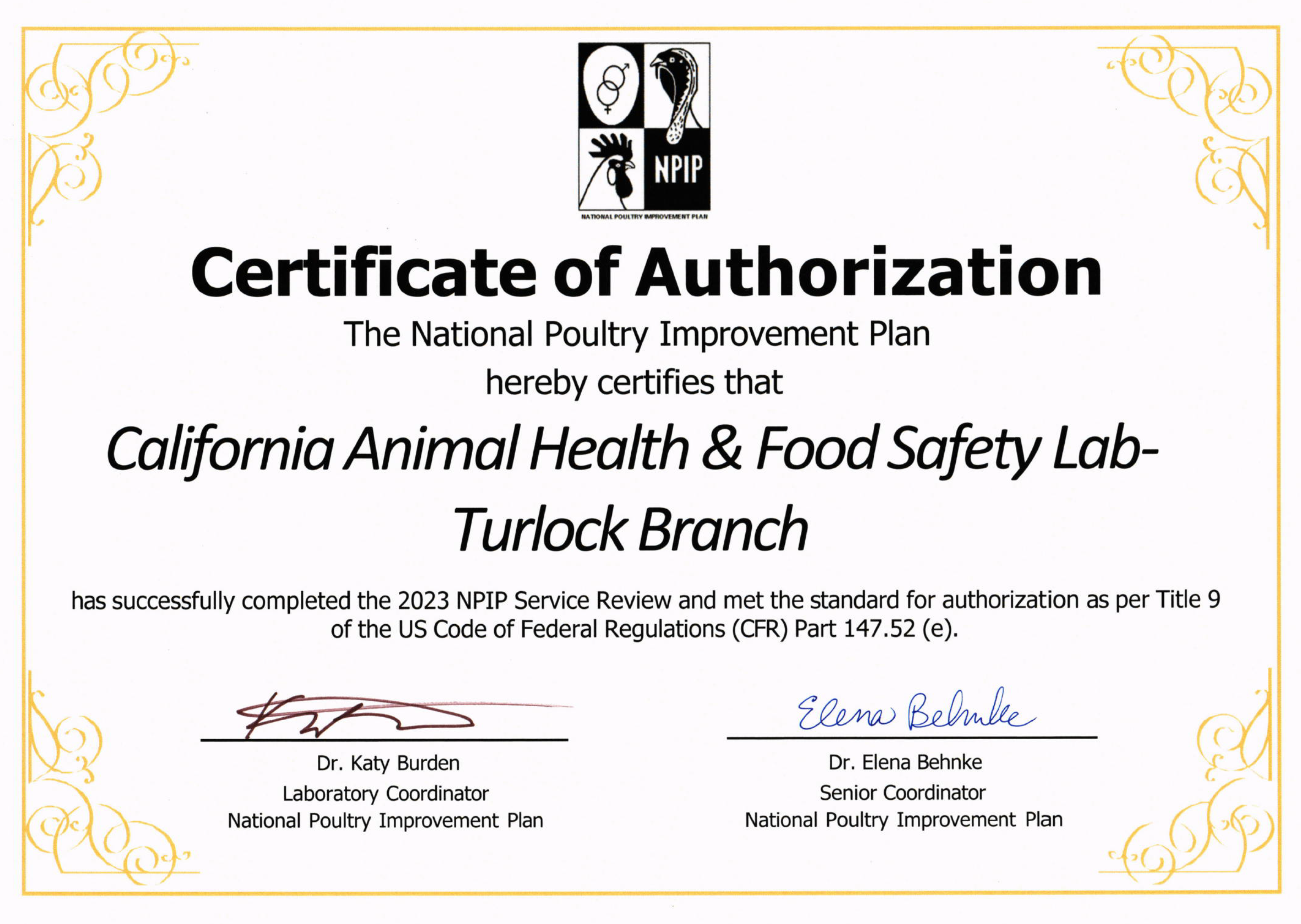 NPIP Certificate Turlock